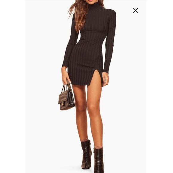 NWOT Reformation Libra Long Sleeve Rib Mock Neck Minidress in Black SZ S - Picture 1 of 9